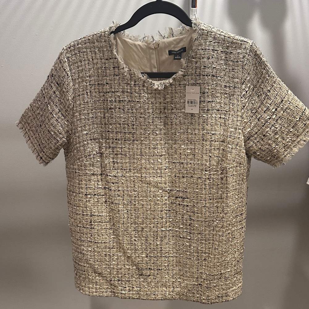 Ann Taylor Cream and Black Tweed Short Sleeve Top